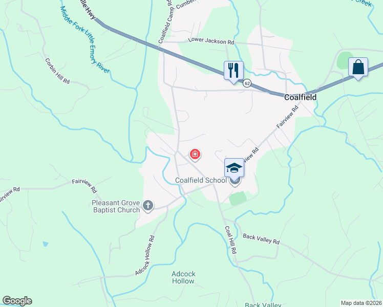 map of restaurants, bars, coffee shops, grocery stores, and more near 109 Beauty Box Road in Oliver Springs