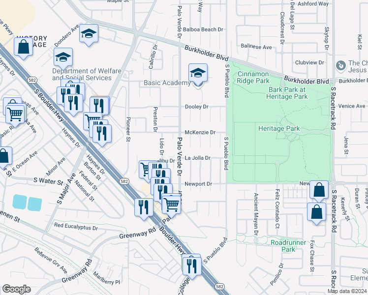 map of restaurants, bars, coffee shops, grocery stores, and more near 240 Palo Verde Drive in Henderson