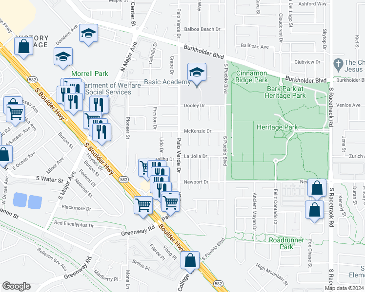 map of restaurants, bars, coffee shops, grocery stores, and more near 240 Palo Verde Drive in Henderson