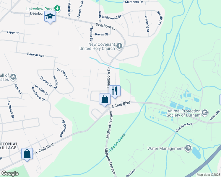 map of restaurants, bars, coffee shops, grocery stores, and more near 2504 Dearborn Drive in Durham
