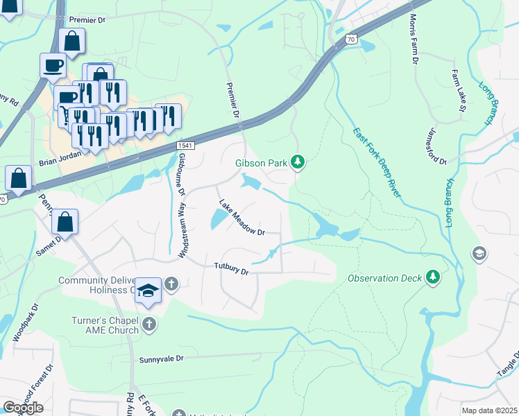 map of restaurants, bars, coffee shops, grocery stores, and more near 3440 Silverlake Court in Jamestown