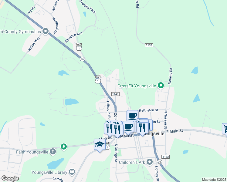 map of restaurants, bars, coffee shops, grocery stores, and more near 511 College Street in Youngsville