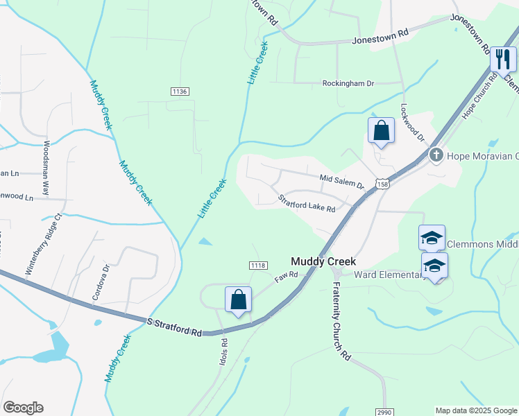 map of restaurants, bars, coffee shops, grocery stores, and more near 2522 Stratford Crossing Drive in Winston-Salem