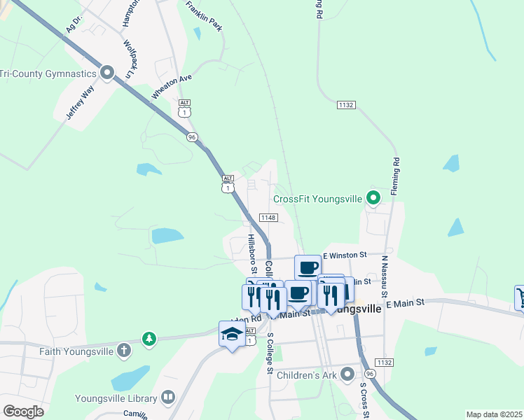 map of restaurants, bars, coffee shops, grocery stores, and more near 511 College Street in Youngsville