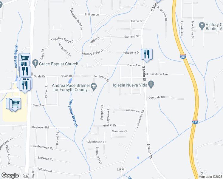 map of restaurants, bars, coffee shops, grocery stores, and more near 4441 Fernbrook Drive in Winston-Salem