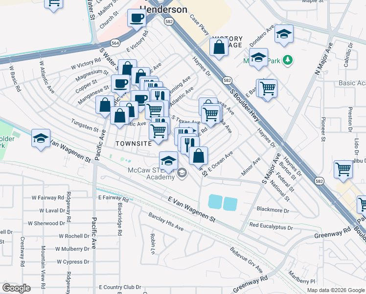 map of restaurants, bars, coffee shops, grocery stores, and more near 2 East Basic Road in Henderson