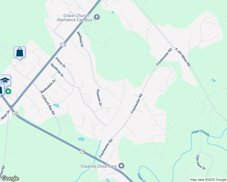 map of restaurants, bars, coffee shops, grocery stores, and more near 2414 Albert Circle in Haw River