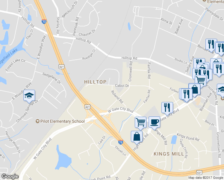 map of restaurants, bars, coffee shops, grocery stores, and more near 2503 Roland Road in Greensboro