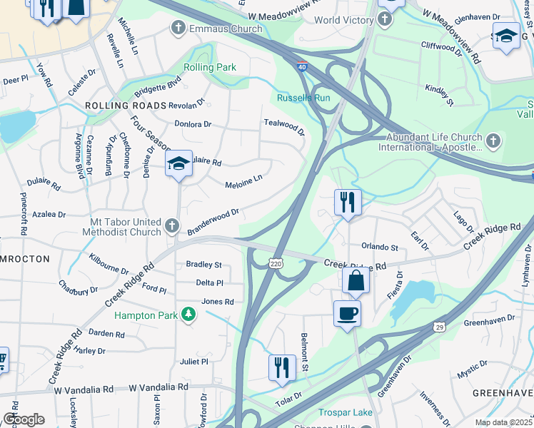 map of restaurants, bars, coffee shops, grocery stores, and more near 2925 Branderwood Drive in Greensboro