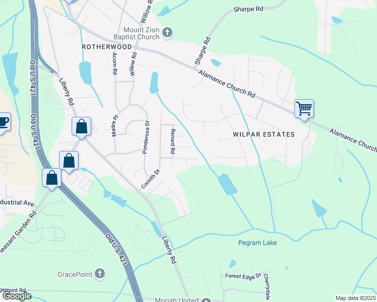 map of restaurants, bars, coffee shops, grocery stores, and more near 8 Berea Court in Greensboro