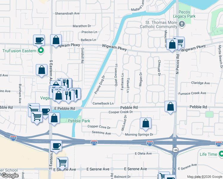 map of restaurants, bars, coffee shops, grocery stores, and more near 2811 Painted Rose Lane in Henderson