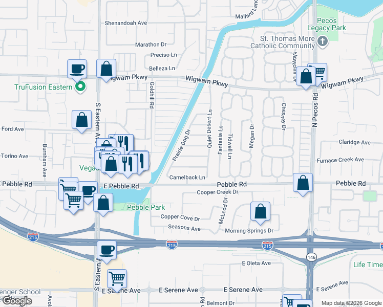 map of restaurants, bars, coffee shops, grocery stores, and more near 2811 Painted Rose Lane in Henderson