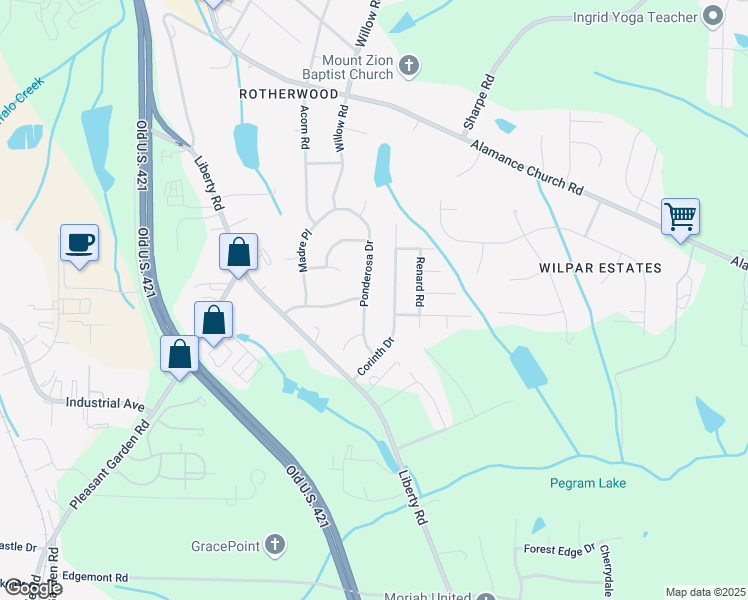 map of restaurants, bars, coffee shops, grocery stores, and more near 2525 Ponderosa Drive in Greensboro