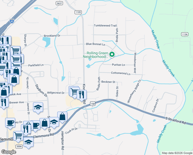 map of restaurants, bars, coffee shops, grocery stores, and more near 4420 Bridle Path in Winston-Salem