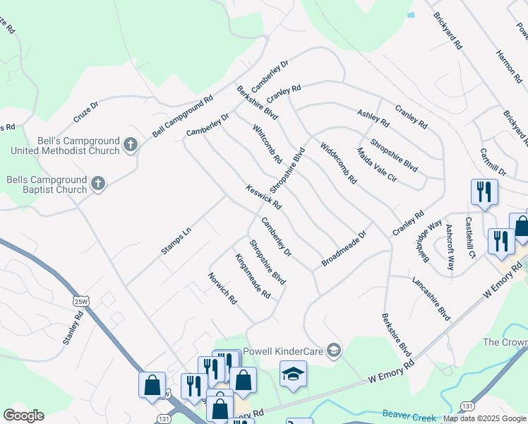 map of restaurants, bars, coffee shops, grocery stores, and more near 2912 Shropshire Boulevard in Powell