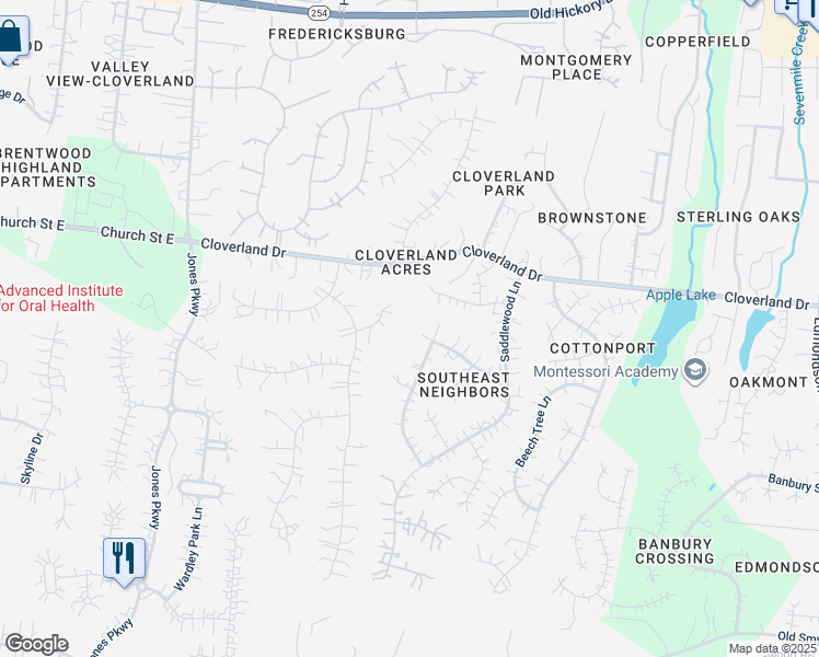 map of restaurants, bars, coffee shops, grocery stores, and more near 5708 Green Apple Lane in Brentwood