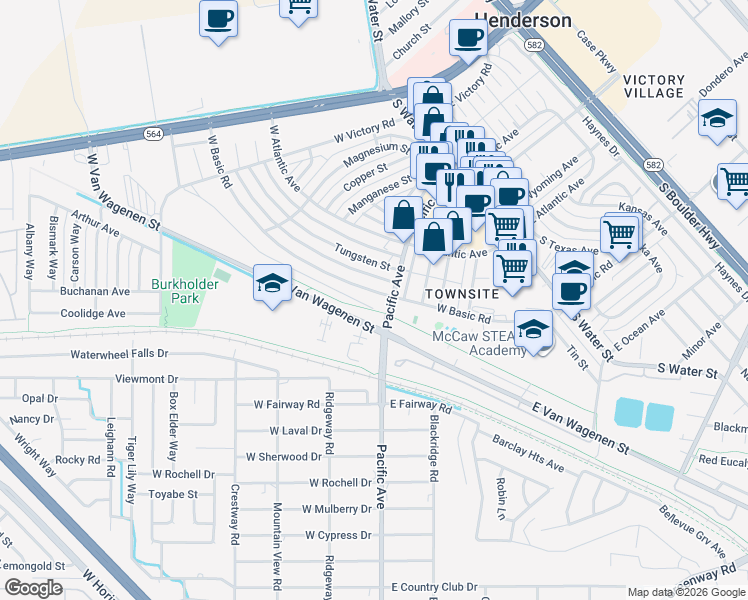 map of restaurants, bars, coffee shops, grocery stores, and more near 219 West Basic Road in Henderson