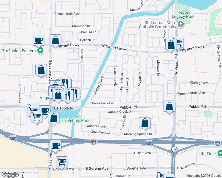 map of restaurants, bars, coffee shops, grocery stores, and more near 2811 Painted Rose Lane in Henderson