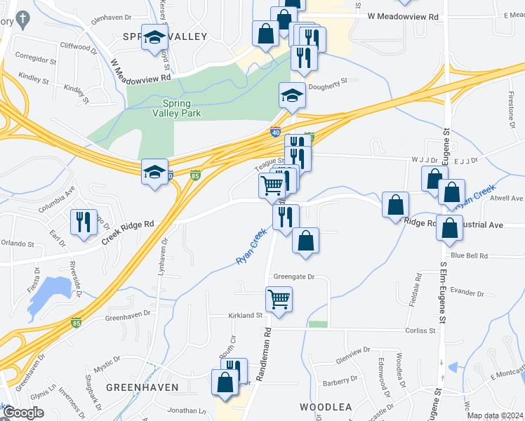 map of restaurants, bars, coffee shops, grocery stores, and more near 503 Creek Ridge Road in Greensboro