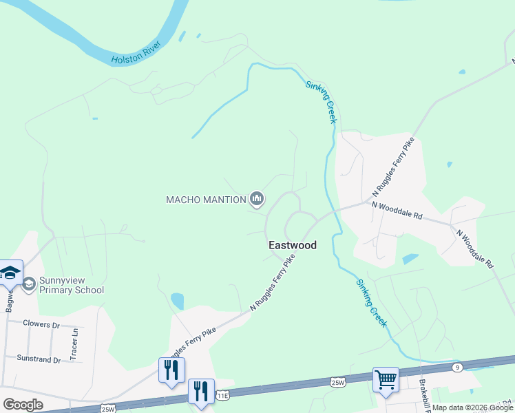 map of restaurants, bars, coffee shops, grocery stores, and more near 7448 Mountie Lane in Knoxville