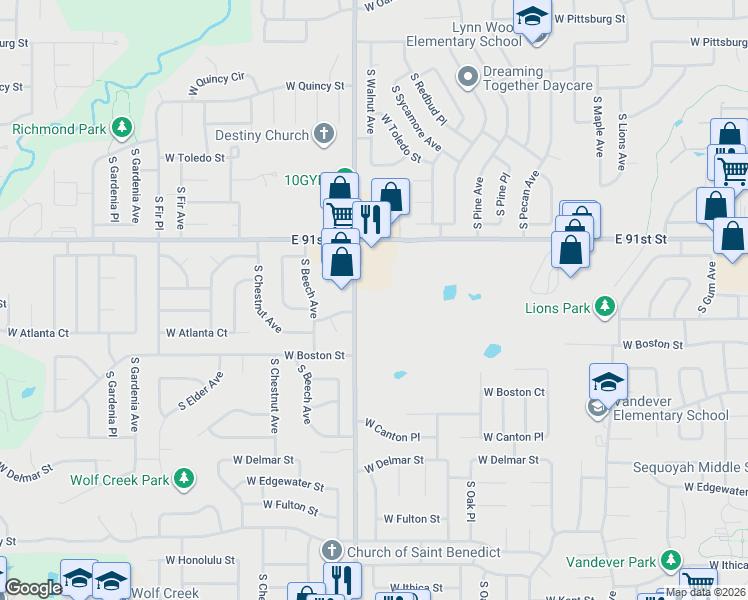 map of restaurants, bars, coffee shops, grocery stores, and more near 2129-2305 South Aspen Avenue in Broken Arrow