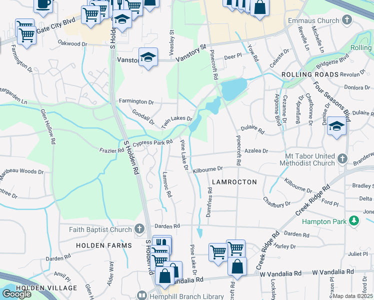 map of restaurants, bars, coffee shops, grocery stores, and more near 2409 Pine Lake Drive in Greensboro