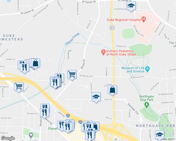 map of restaurants, bars, coffee shops, grocery stores, and more near 2400 Lednum Street in Durham