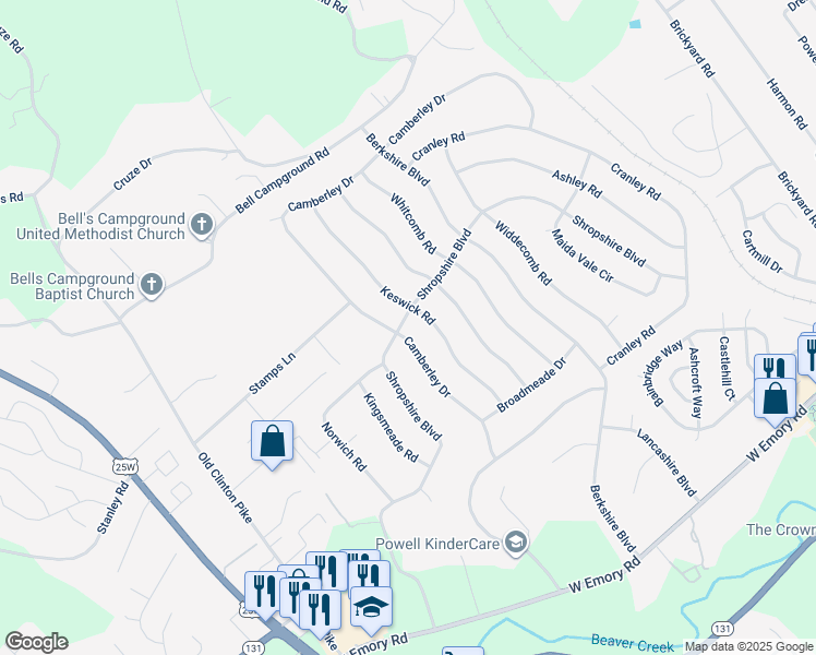 map of restaurants, bars, coffee shops, grocery stores, and more near 2912 Shropshire Boulevard in Powell