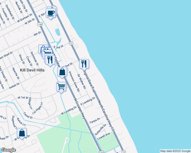 map of restaurants, bars, coffee shops, grocery stores, and more near 1541 North Virginia Dare Trail in Kill Devil Hills