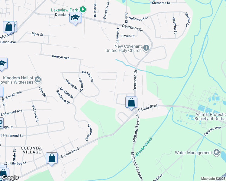 map of restaurants, bars, coffee shops, grocery stores, and more near 2421 Roanoke Street in Durham