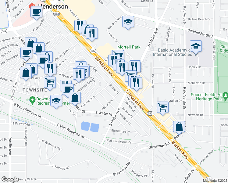 map of restaurants, bars, coffee shops, grocery stores, and more near 430 Burton Street in Henderson