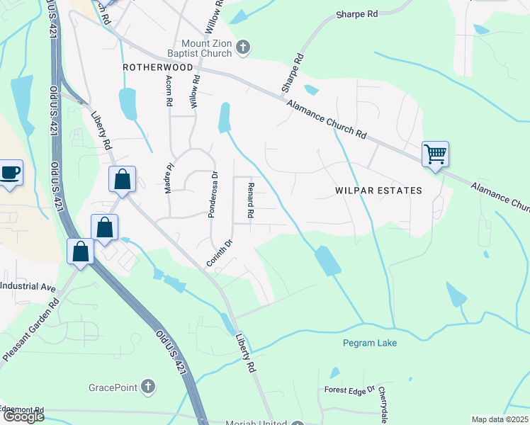 map of restaurants, bars, coffee shops, grocery stores, and more near 8 Berea Court in Greensboro