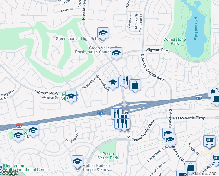 map of restaurants, bars, coffee shops, grocery stores, and more near 24 Sandwedge Drive in Henderson