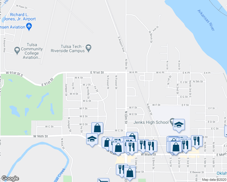 map of restaurants, bars, coffee shops, grocery stores, and more near 528 North Forest Street in Jenks