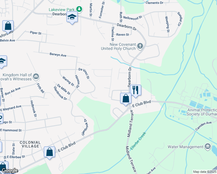 map of restaurants, bars, coffee shops, grocery stores, and more near 2421 Roanoke Street in Durham