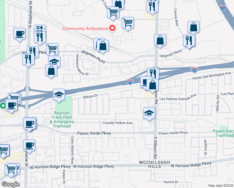 map of restaurants, bars, coffee shops, grocery stores, and more near 1087 Bootspur Drive in Henderson