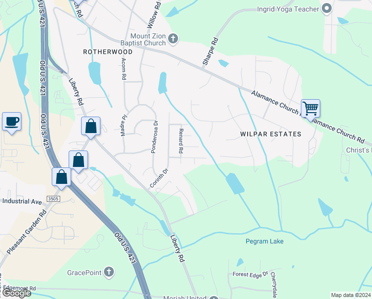 map of restaurants, bars, coffee shops, grocery stores, and more near 4 Berea Court in Greensboro