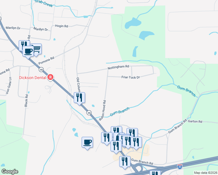 map of restaurants, bars, coffee shops, grocery stores, and more near 128 Robin Hood Road in Dickson