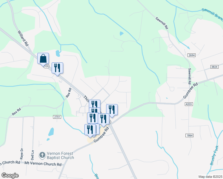 map of restaurants, bars, coffee shops, grocery stores, and more near 4700 Merriweather Road in Winston-Salem