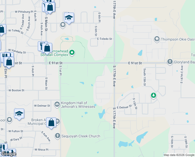 map of restaurants, bars, coffee shops, grocery stores, and more near 2509 South 6th Street in Broken Arrow