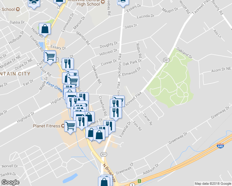 map of restaurants, bars, coffee shops, grocery stores, and more near 3117 Rennoc Road in Knoxville