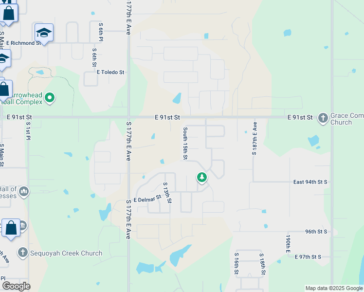 map of restaurants, bars, coffee shops, grocery stores, and more near 1416 South 15th Street in Broken Arrow