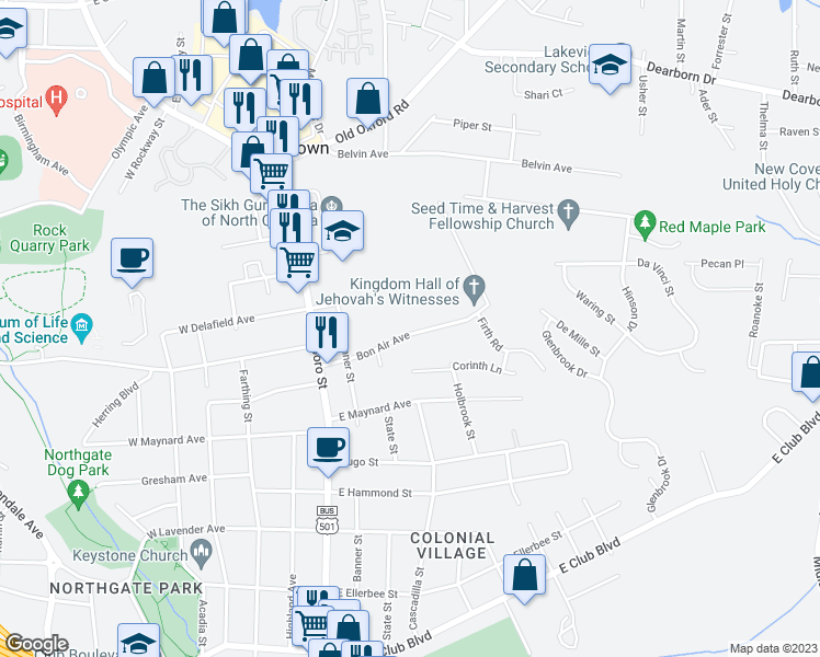 map of restaurants, bars, coffee shops, grocery stores, and more near 605 Bon Air Avenue in Durham