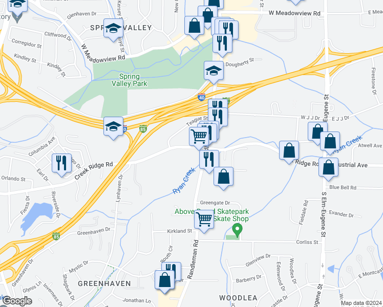 map of restaurants, bars, coffee shops, grocery stores, and more near 501 Creek Ridge Road in Greensboro