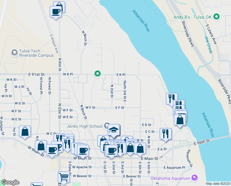 map of restaurants, bars, coffee shops, grocery stores, and more near 202 East H Street in Jenks