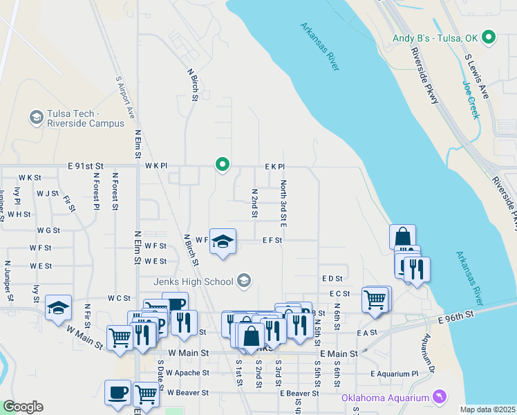 map of restaurants, bars, coffee shops, grocery stores, and more near 202 East H Street in Jenks