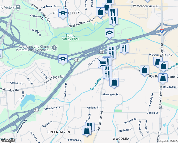 map of restaurants, bars, coffee shops, grocery stores, and more near 515 Creek Ridge Road in Greensboro