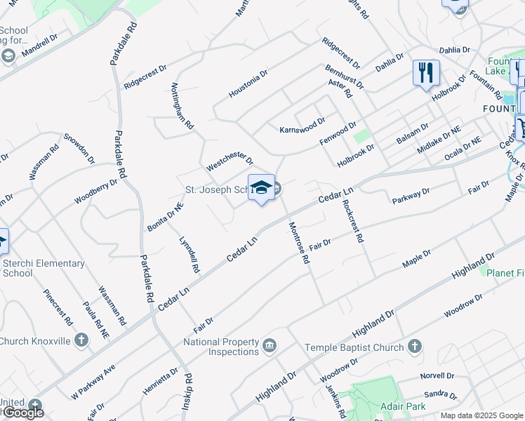map of restaurants, bars, coffee shops, grocery stores, and more near 1810 Howard Drive in Knoxville