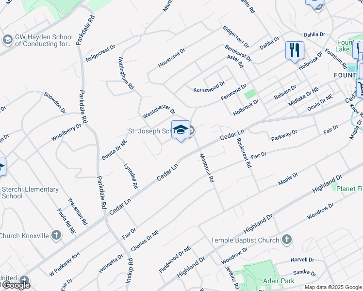 map of restaurants, bars, coffee shops, grocery stores, and more near 1810 Howard Drive in Knoxville