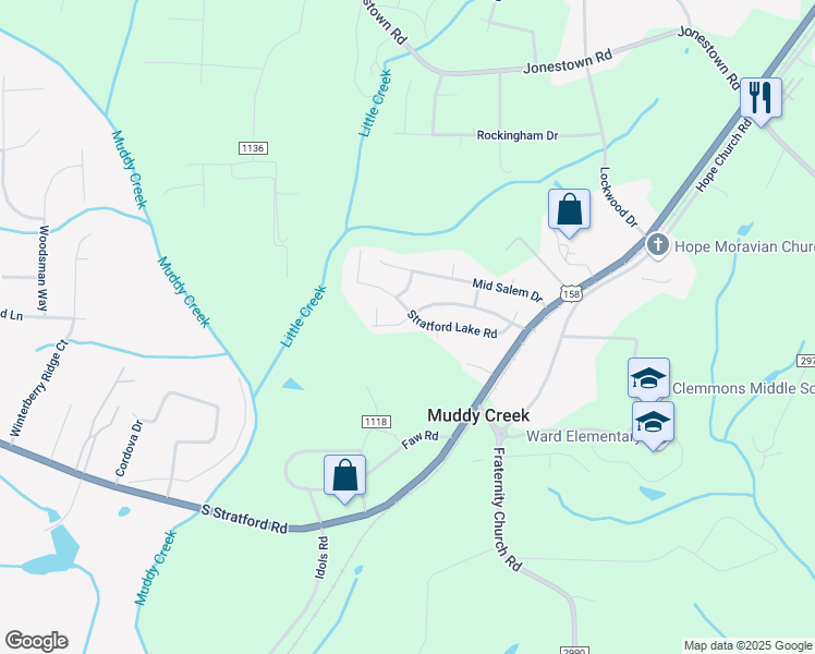 map of restaurants, bars, coffee shops, grocery stores, and more near 2506 Stratford Crossing Drive in Winston-Salem